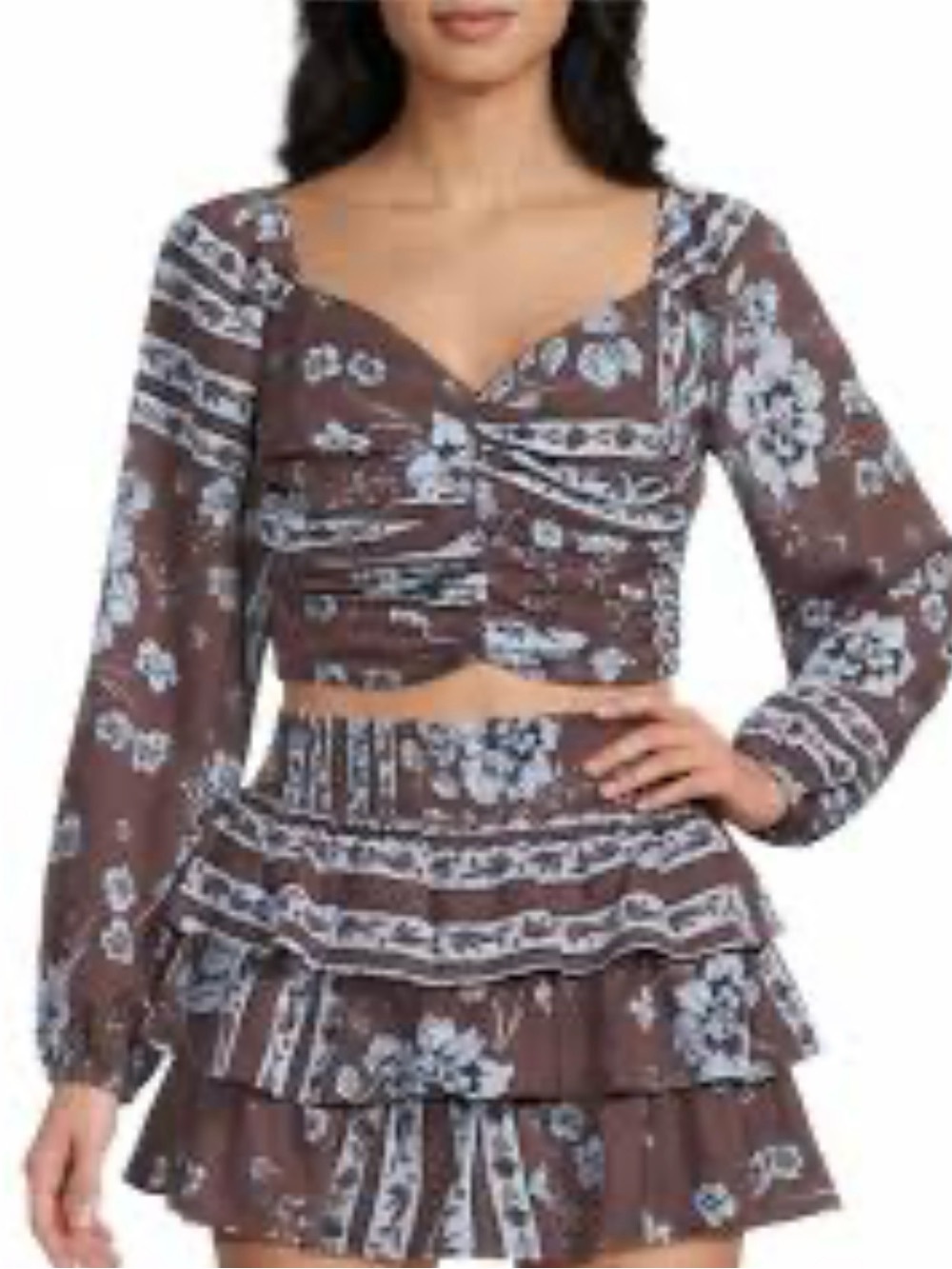 Gianni Bini Light Blue and Brown Floral Ruched Crop Top